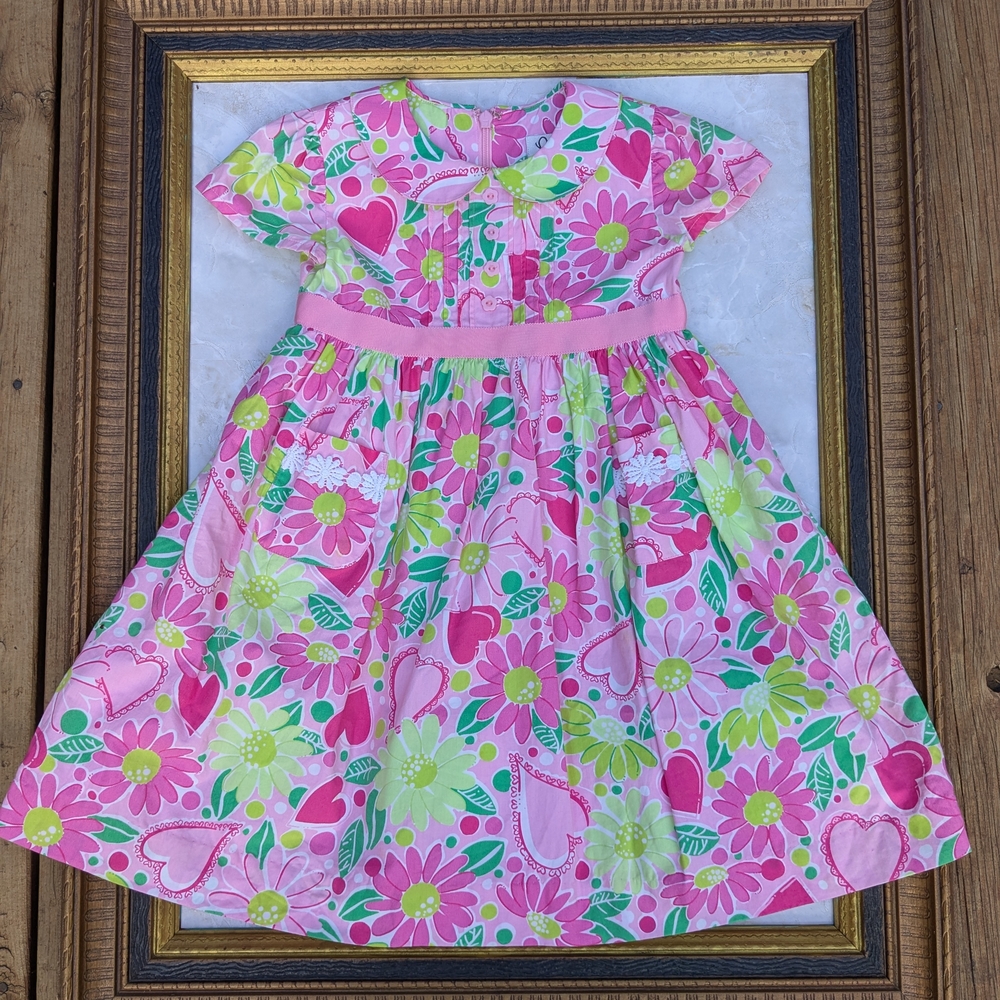 Vintage Lilly Pulitzer Dress Lucky In Love Print Floral Pink and Green 2t